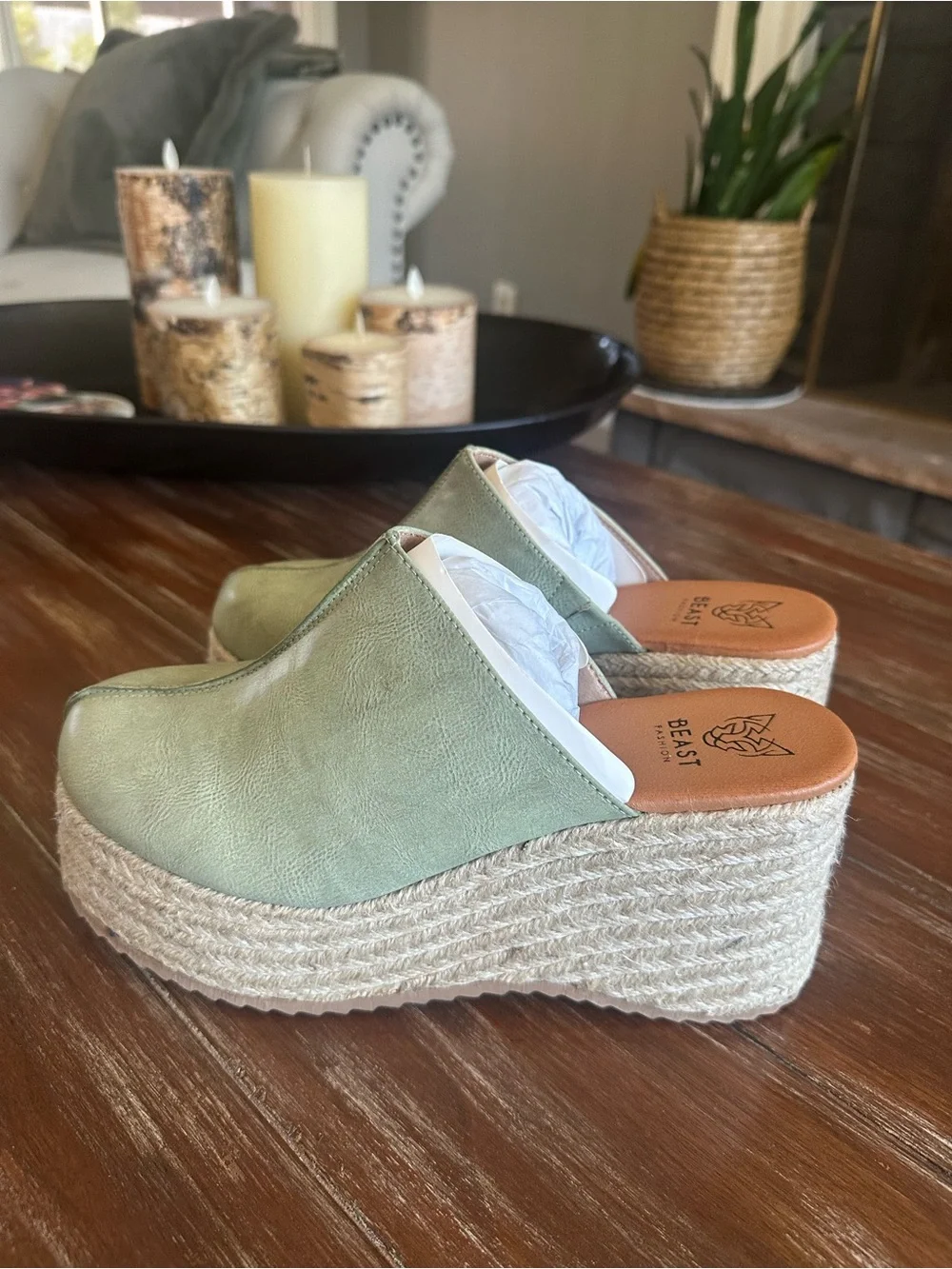 BEAST FASHION Nellie-01 Light Sage Espadrille Wedge Mule